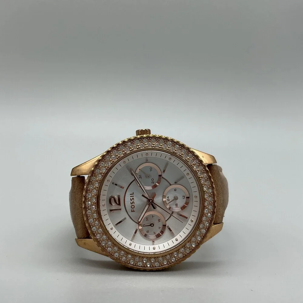 Fossil ES3816 Womens Watch 37mm Silver Tone Crystals Brown Leather New Battery